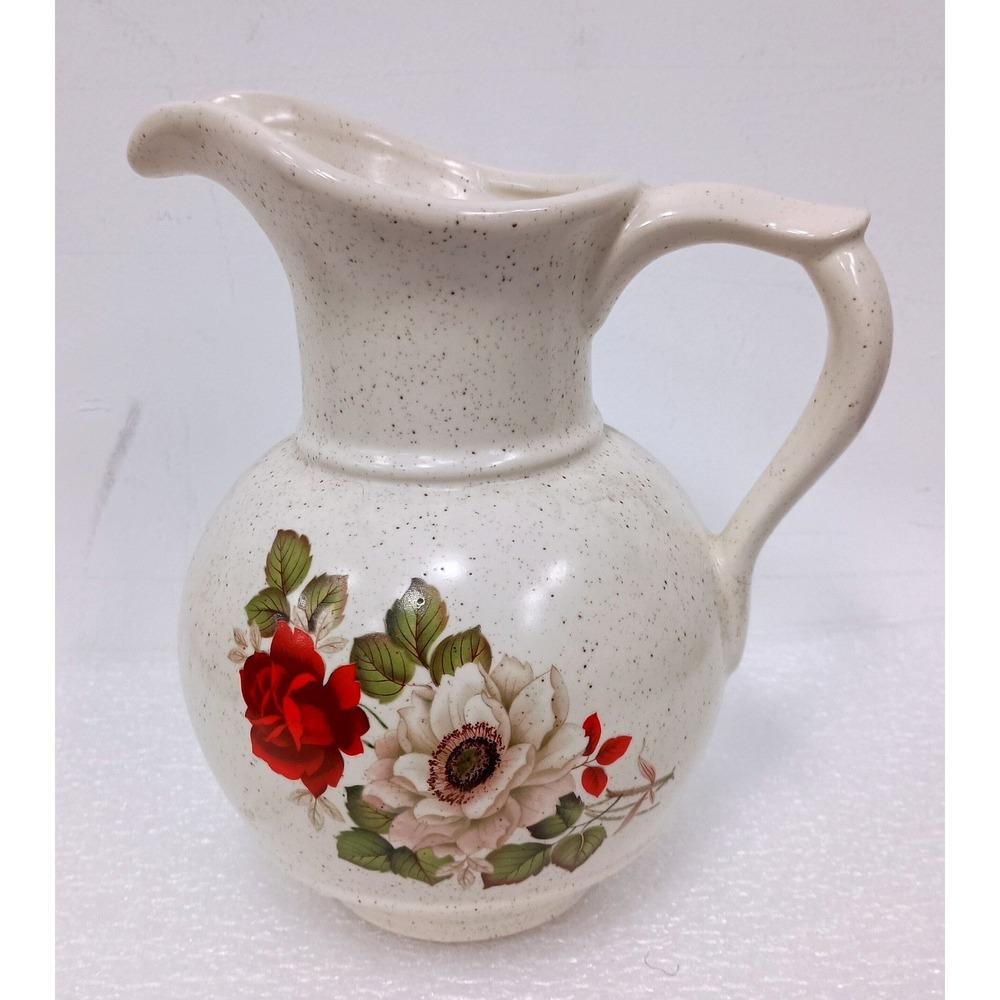 Vintage McCoy Pottery Floral Ceramic Pitcher Cream Red Flower Speckled Farmhouse